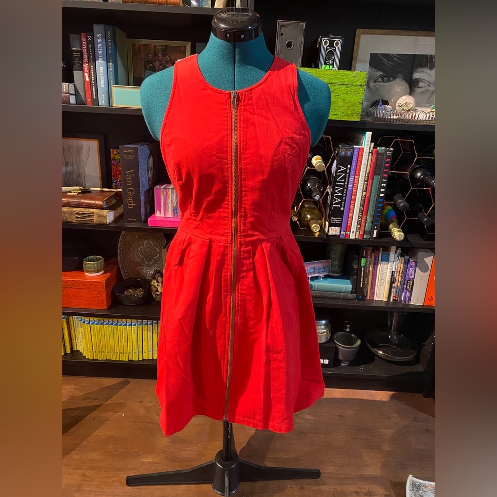 Red zip front denim/corduroy type twist detail dress